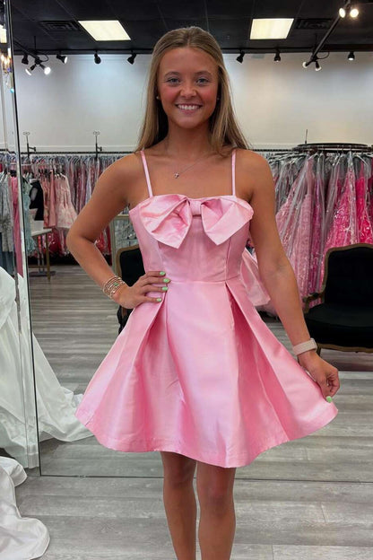 Bow Accent Spaghetti Strap Pleated Mini Dress