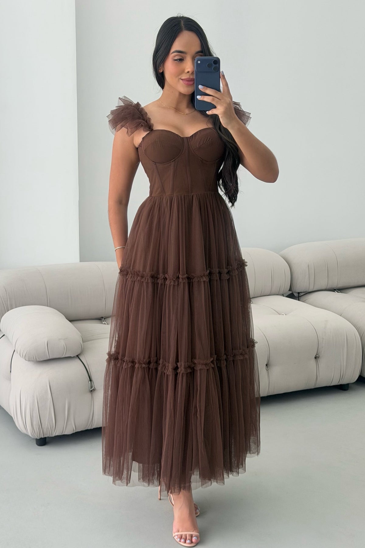 Tiered Tulle Corset Midi Dress with Ruffle Straps
