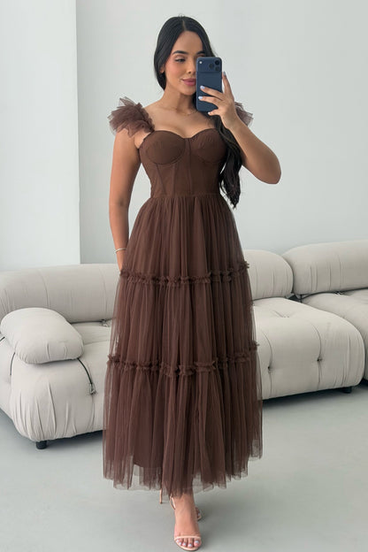 Tiered Tulle Corset Midi Dress with Ruffle Straps