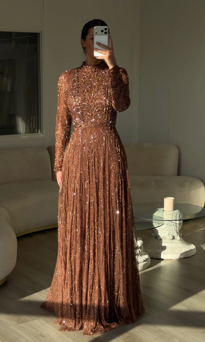 High Neck Sequin Embellished Long Sleeve Gown