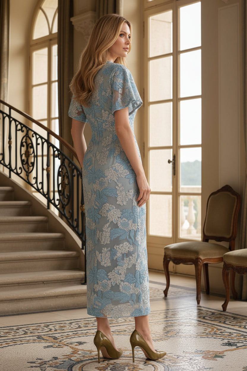 Embroidered Deep V-Neck Flutter Sleeve Midi Dress