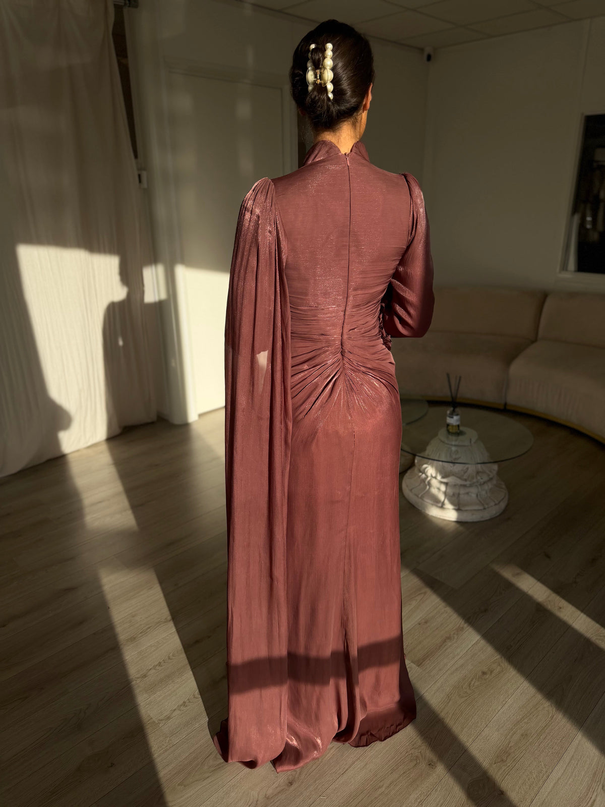 Ruched High-Neck Gown with Cape Sleeve & Rosette
