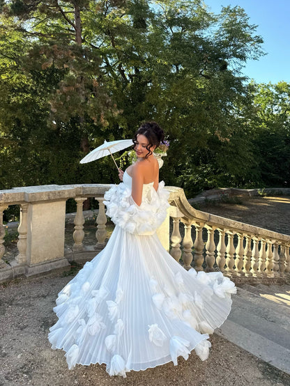 Strapless Pleated Evening Gown with 3D Florals
