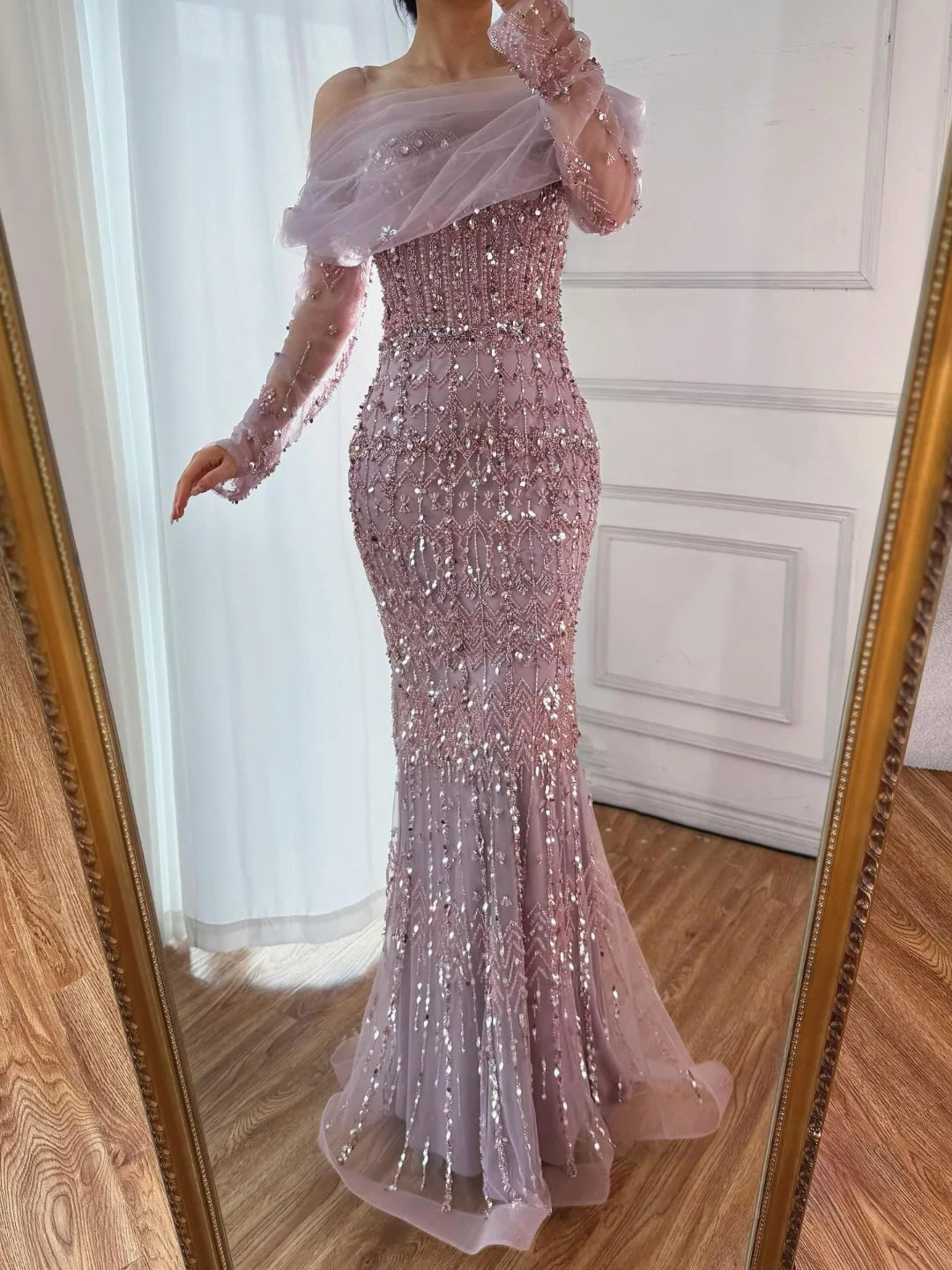 Off-The-Shoulder Beaded Mermaid Evening Gown