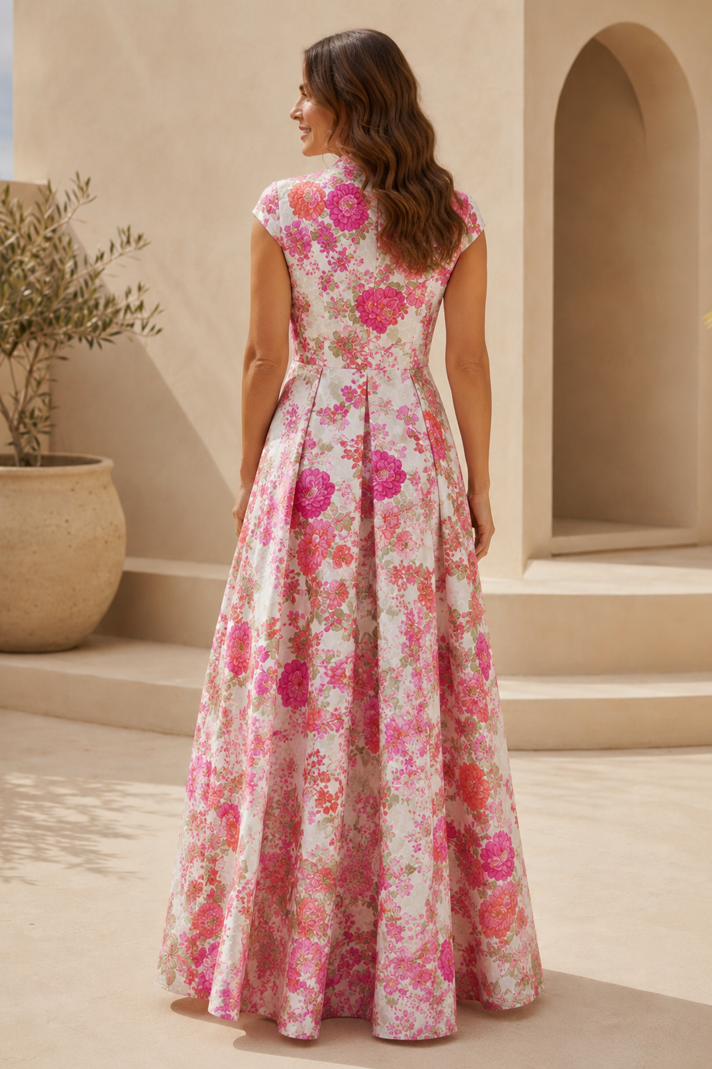 Floral Print A-Line Maxi Dress with Pleated Skirt