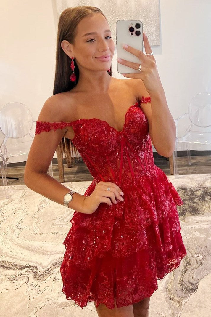 Off-the-Shoulder Tiered Sequined Corset Mini Dress