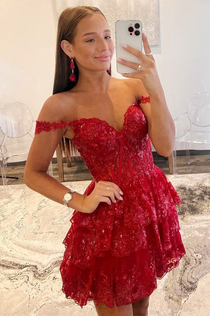 Off-the-Shoulder Tiered Sequined Corset Mini Dress