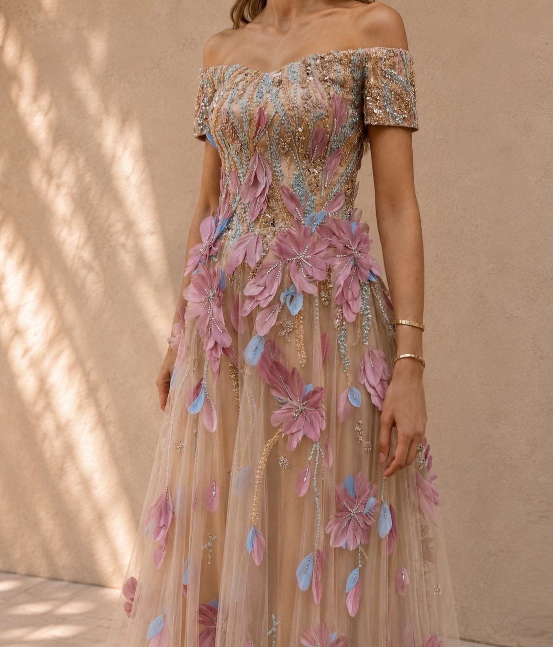 Off-the-Shoulder 3D Floral A-Line Gown