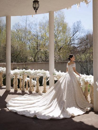 Off-the-Shoulder Sparkly Ball Gown Wedding Dress