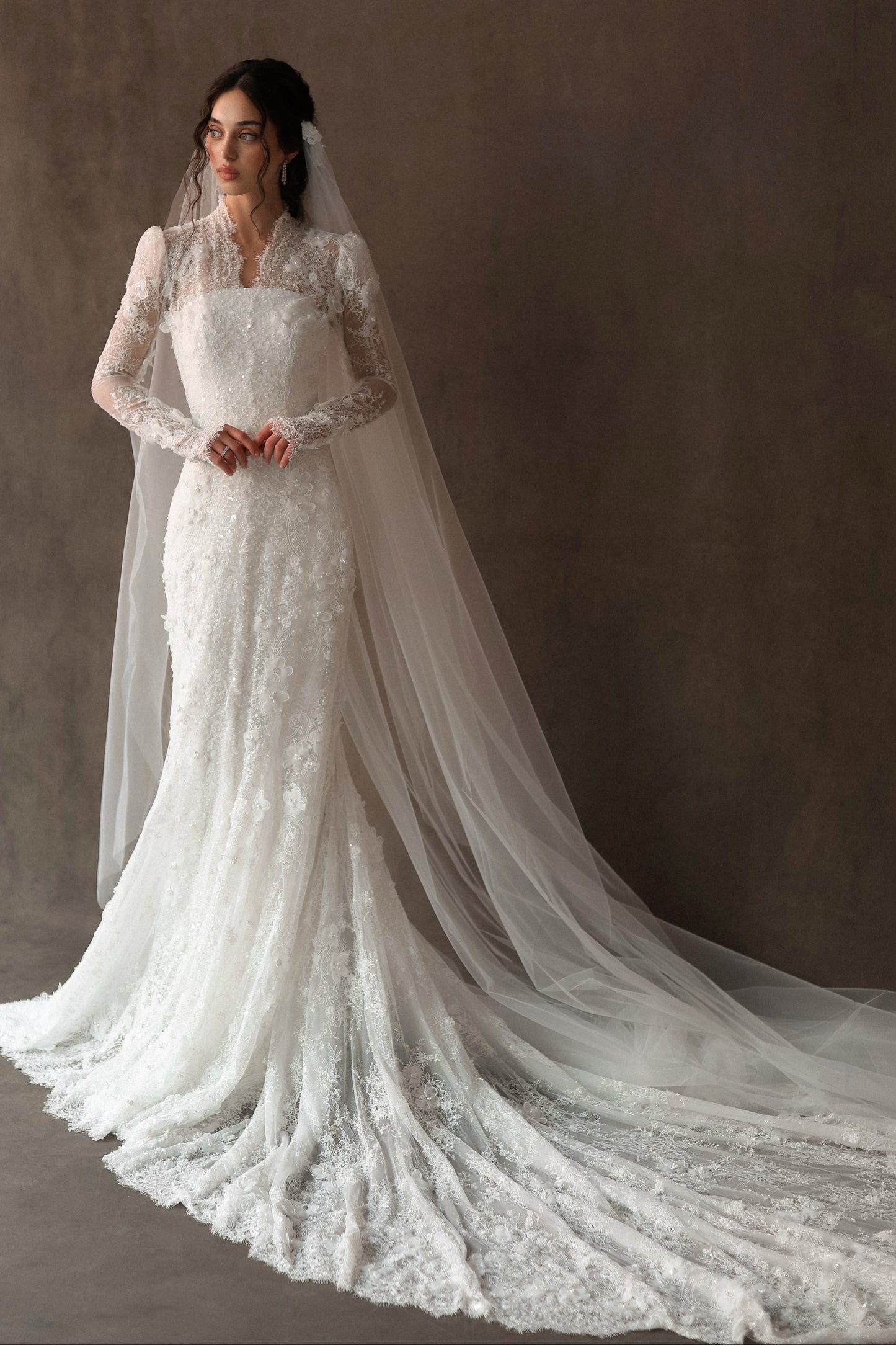 Lace High Neck Mermaid Wedding Dress with Sleeves