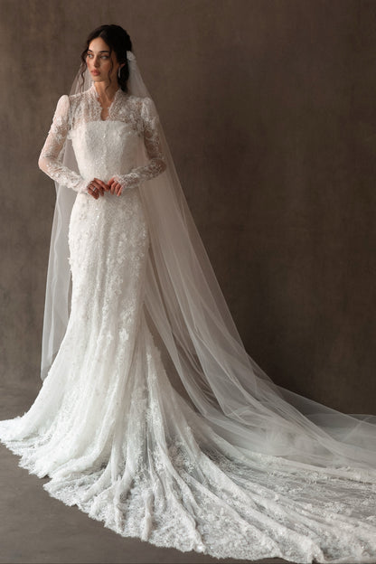 Lace High Neck Mermaid Wedding Dress with Sleeves