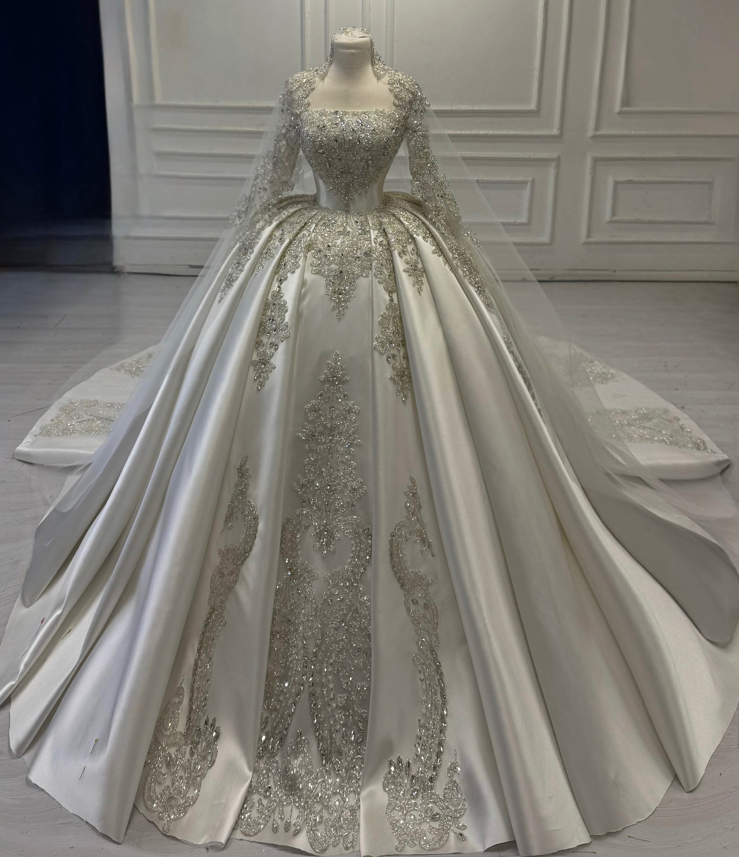Crystal Beaded Satin Ball Gown Wedding Dress