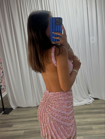 Sequin Embellished Mini Dress with Cutout Waist