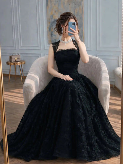 Floral Lace Ball Gown with Scalloped Neckline
