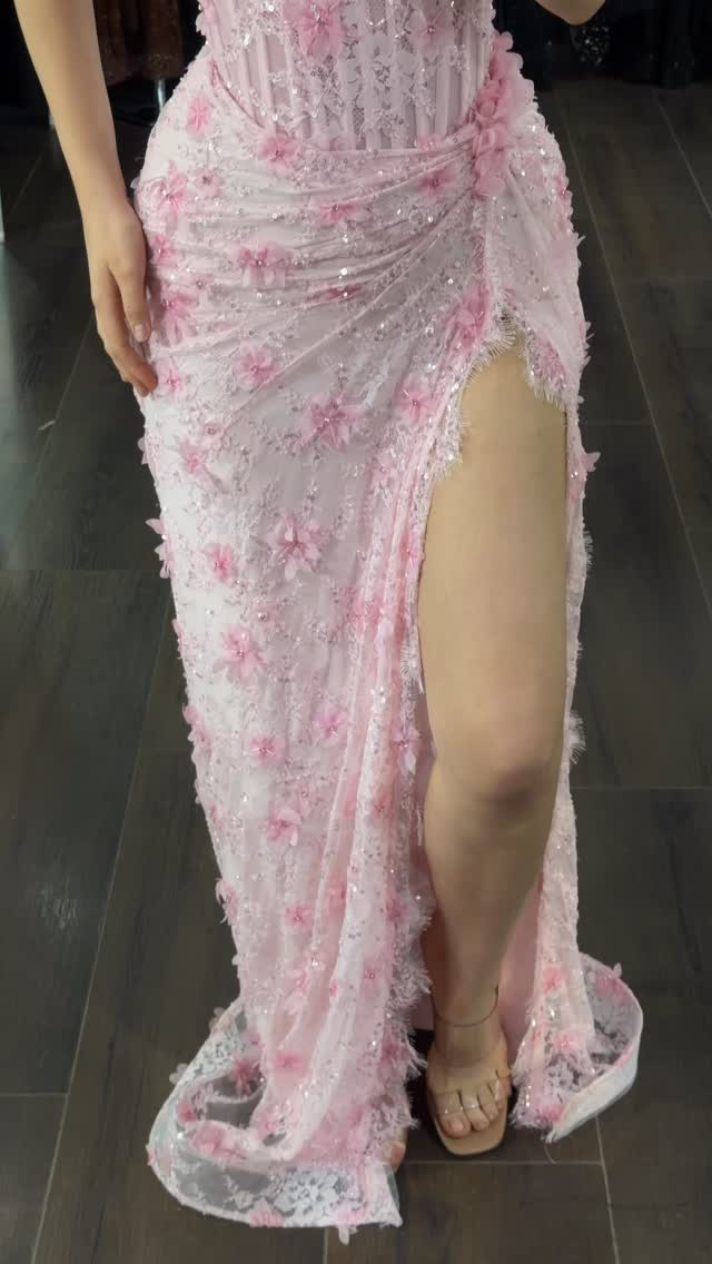 Floral Applique Corset High Slit Evening Gown
