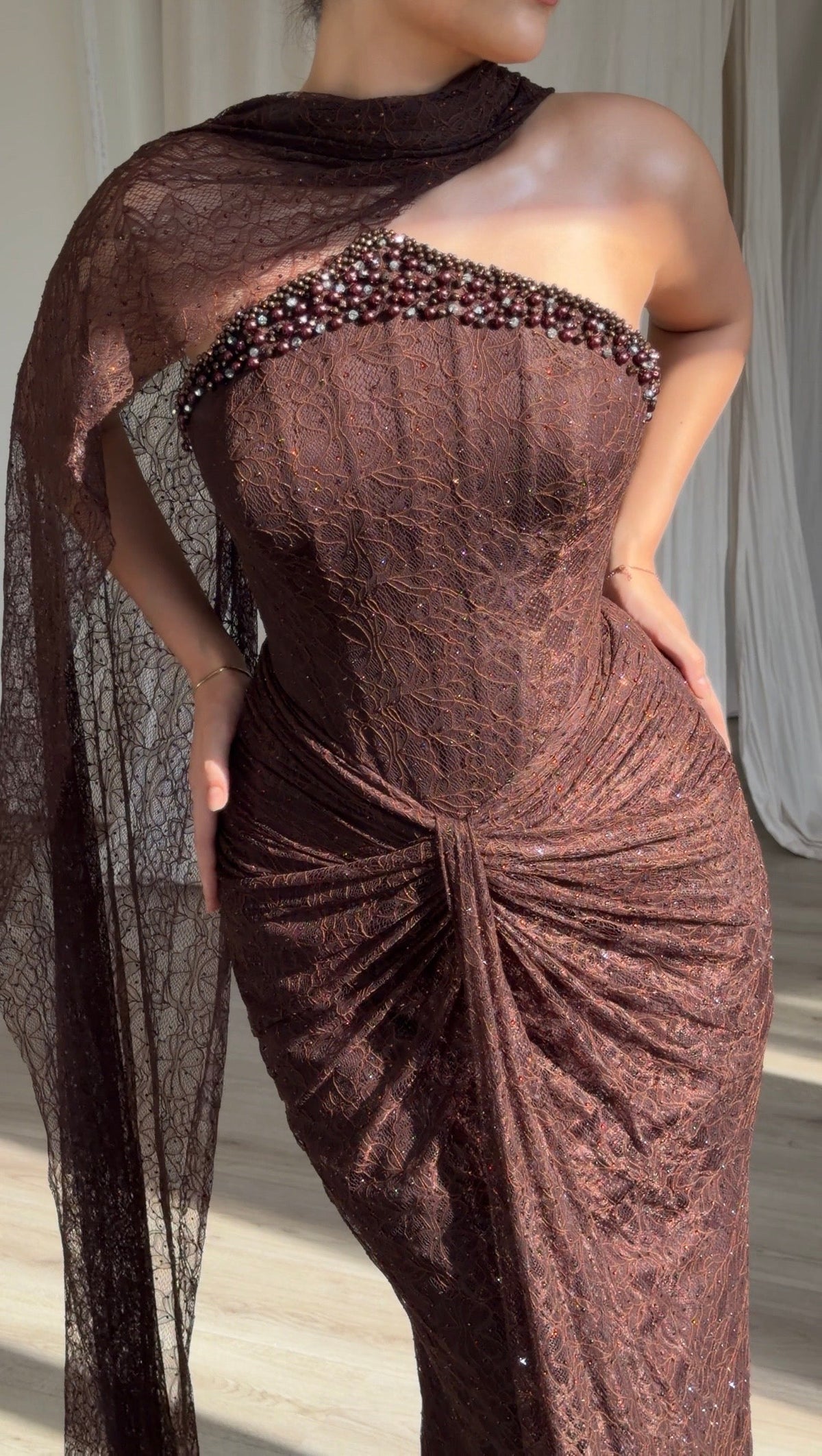 Corset Lace Gown with One-Shoulder Cape Drape