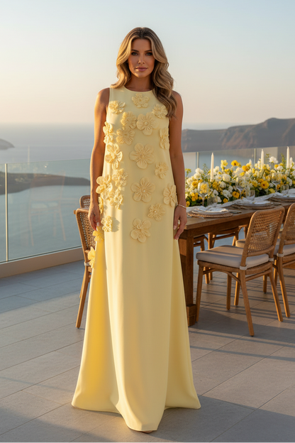 3D Floral Applique Sleeveless Maxi Shift Dress