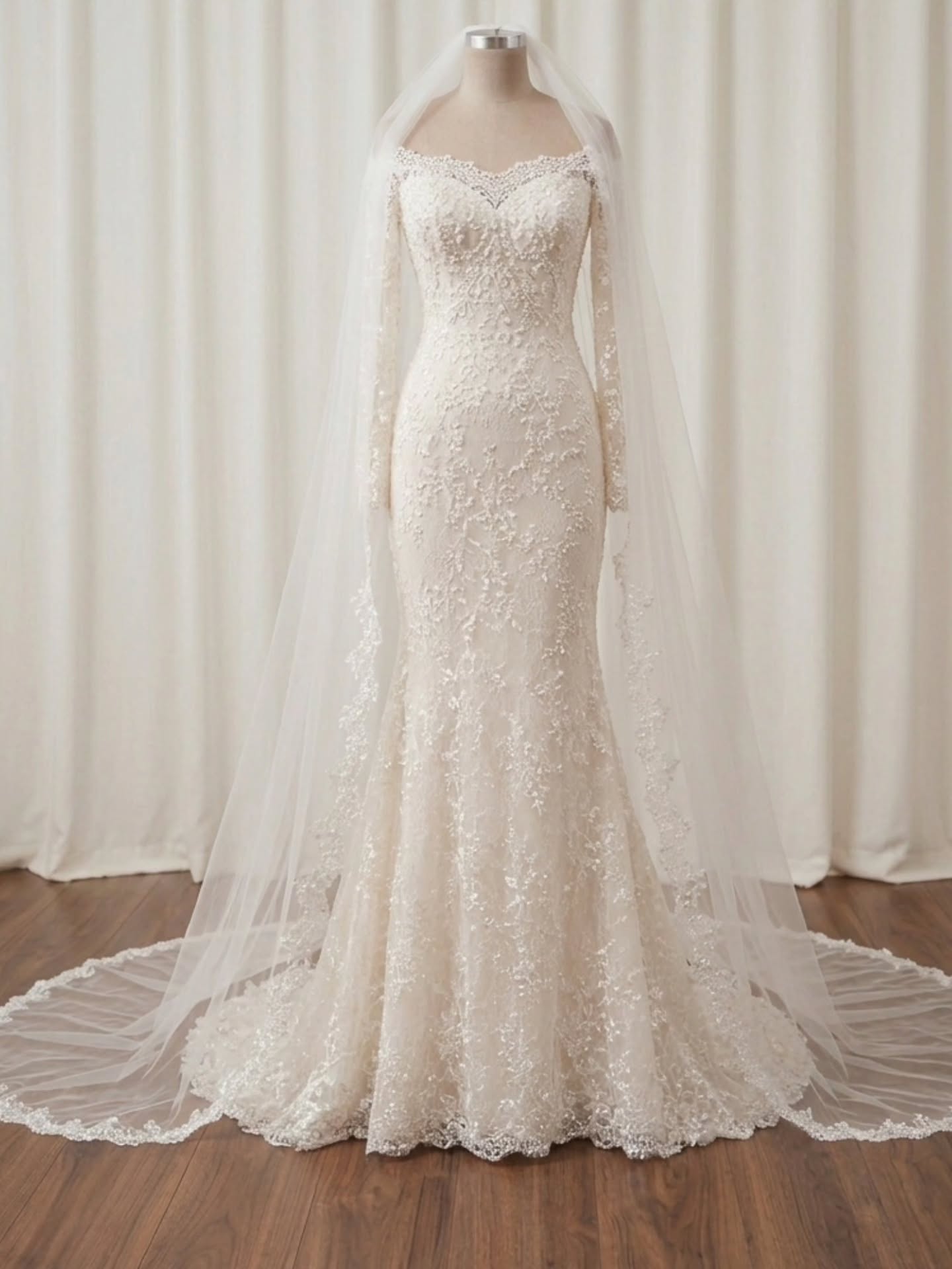 Off-the-Shoulder Lace Long Sleeve Mermaid Wedding Dress
