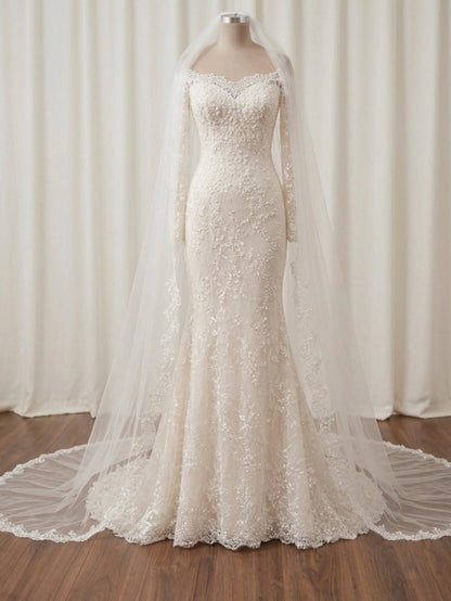 Off-the-Shoulder Lace Long Sleeve Mermaid Wedding Dress