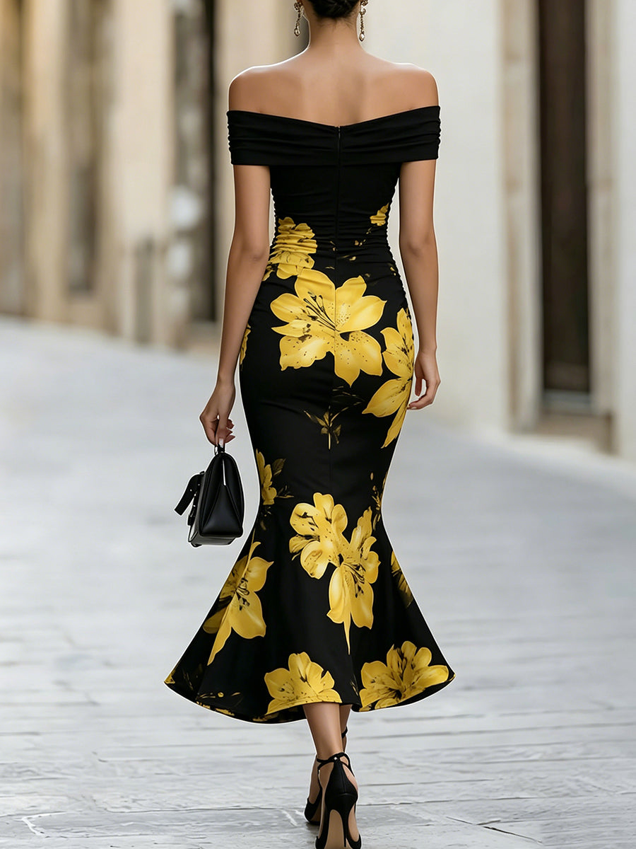 Off-the-Shoulder Floral Mermaid Midi Dress