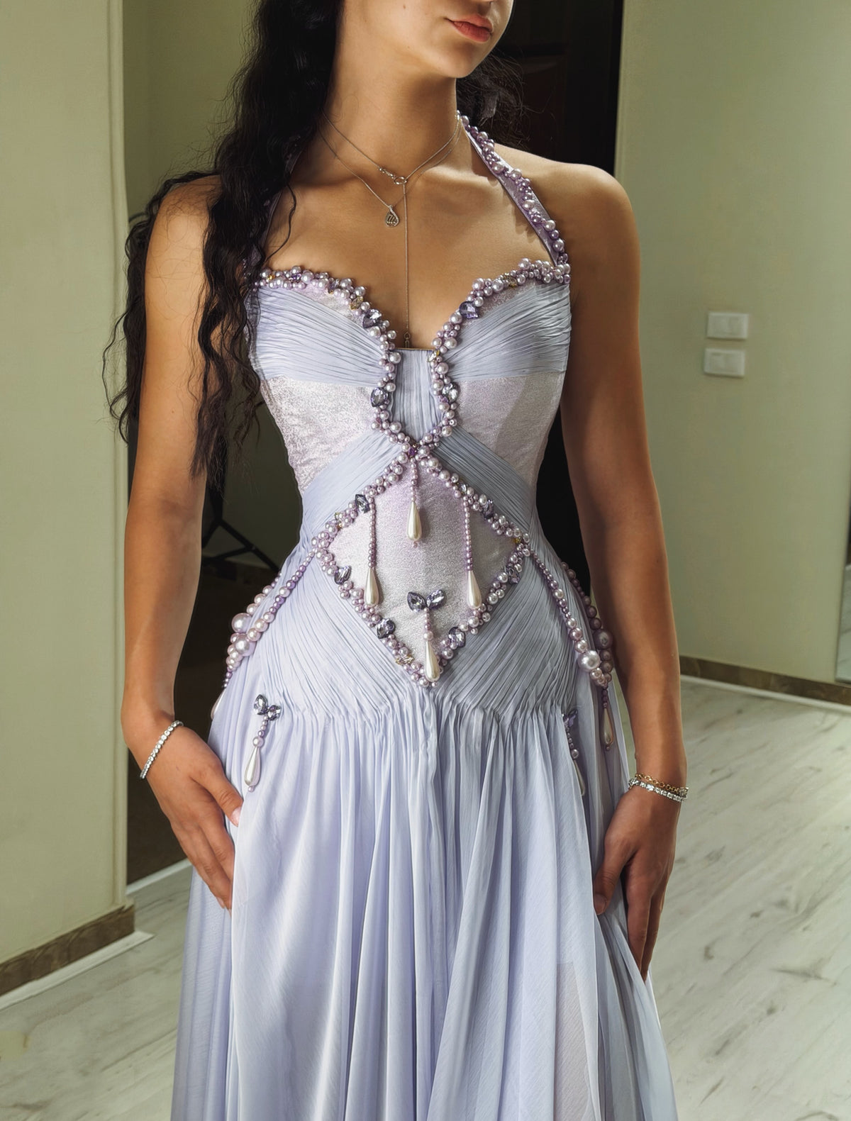 Pearl-Beaded Halter Pleated Corset Maxi Gown
