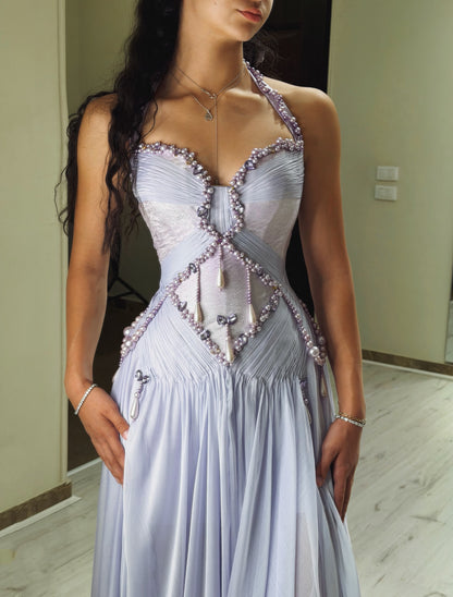Pearl-Beaded Halter Pleated Corset Maxi Gown