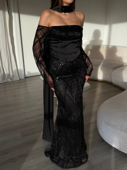Off-the-Shoulder Sequin Corset Evening Gown
