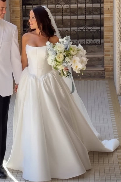 Square Neckline Satin Ball Gown Wedding Dress with Train