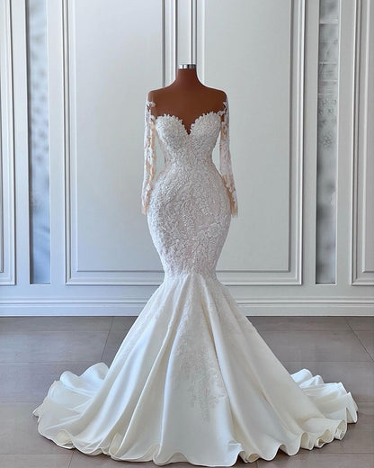 Lace Applique Illusion Long Sleeve Mermaid Wedding Dress