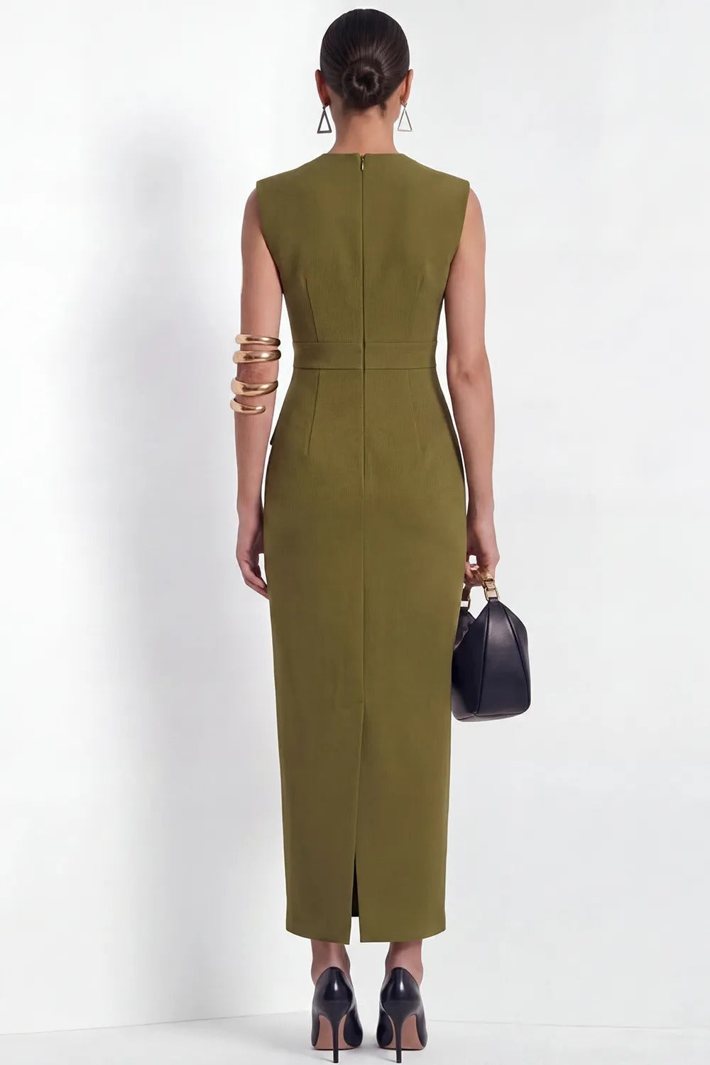 Sleeveless Flap-Detail Tailored Column Maxi Dress