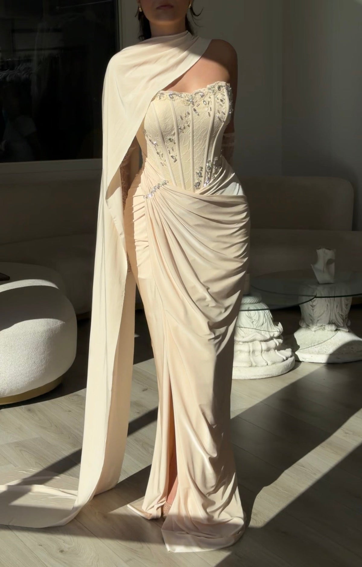 Corset Gown with Scarf Neckline and Gloves