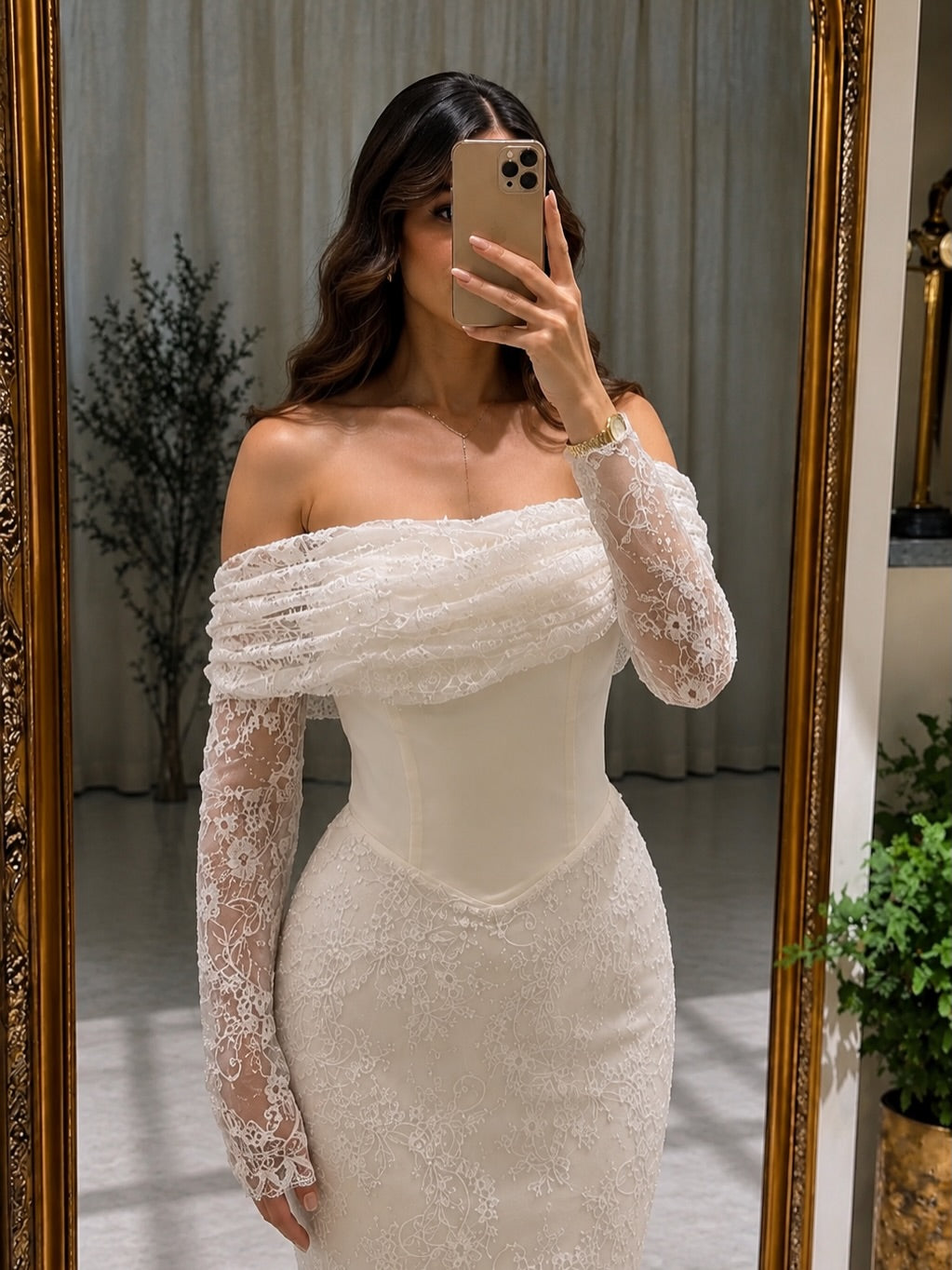 Off-the-Shoulder Lace Mermaid Gown with Long Sleeves
