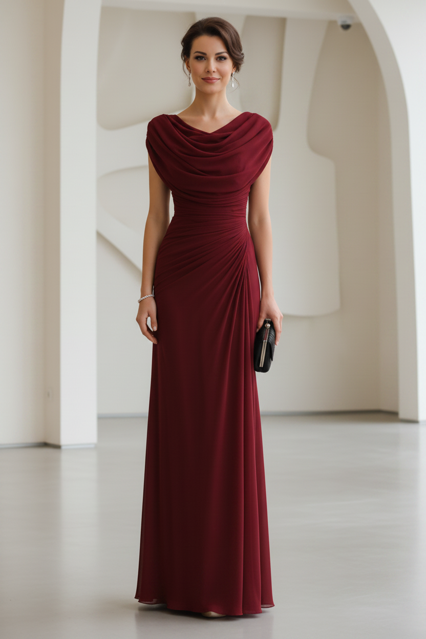 Cowl Neck Ruched Chiffon Floor-Length Evening Gown