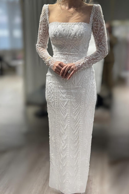Square Neck Beaded Long Sleeve Column Gown