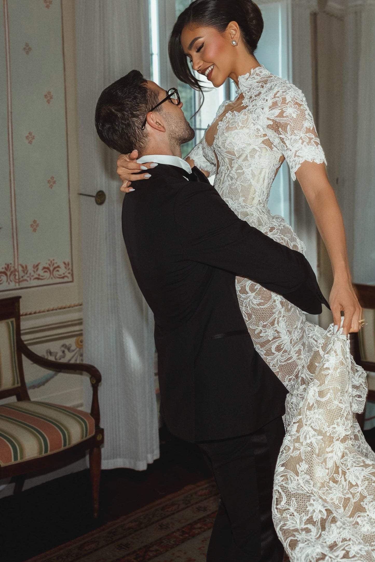 High-Neck Lace Mermaid Wedding Dress with Open Back