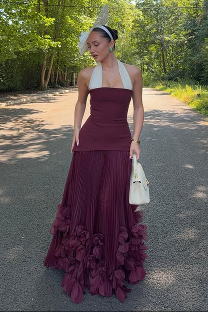Halter Neck Pleated Maxi Dress with Ruffled Hem