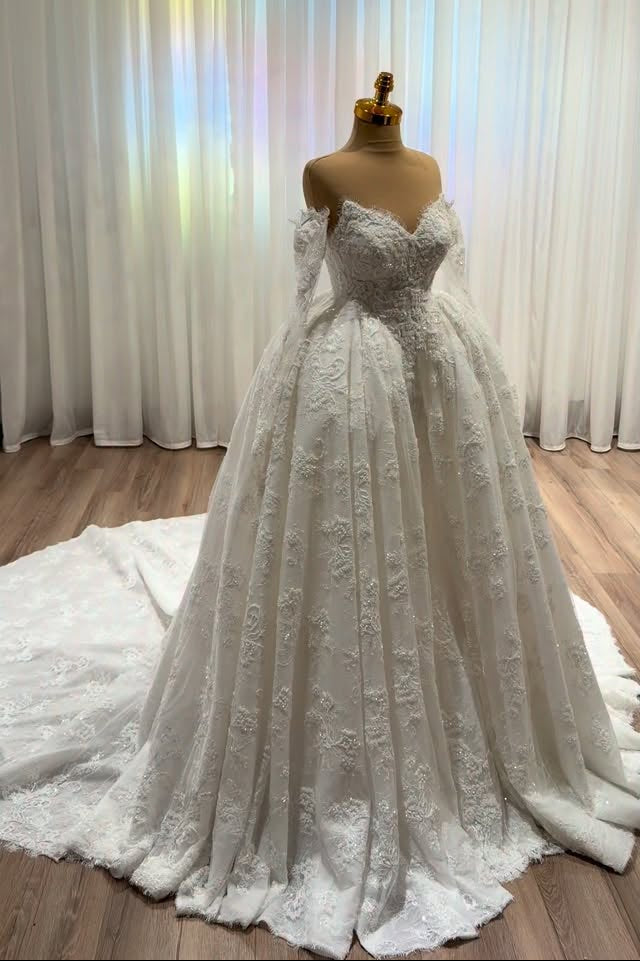 Off-the-Shoulder Beaded Lace Ball Gown Wedding Dress