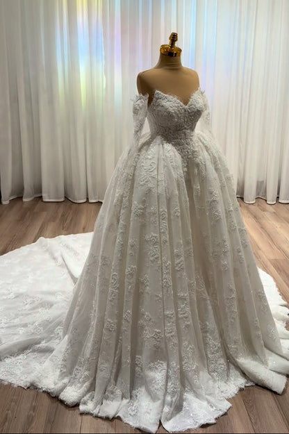 Off-the-Shoulder Beaded Lace Ball Gown Wedding Dress