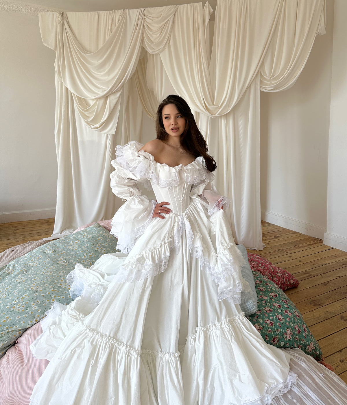 Off-Shoulder Corset Ball Gown with Ruffle Tiers