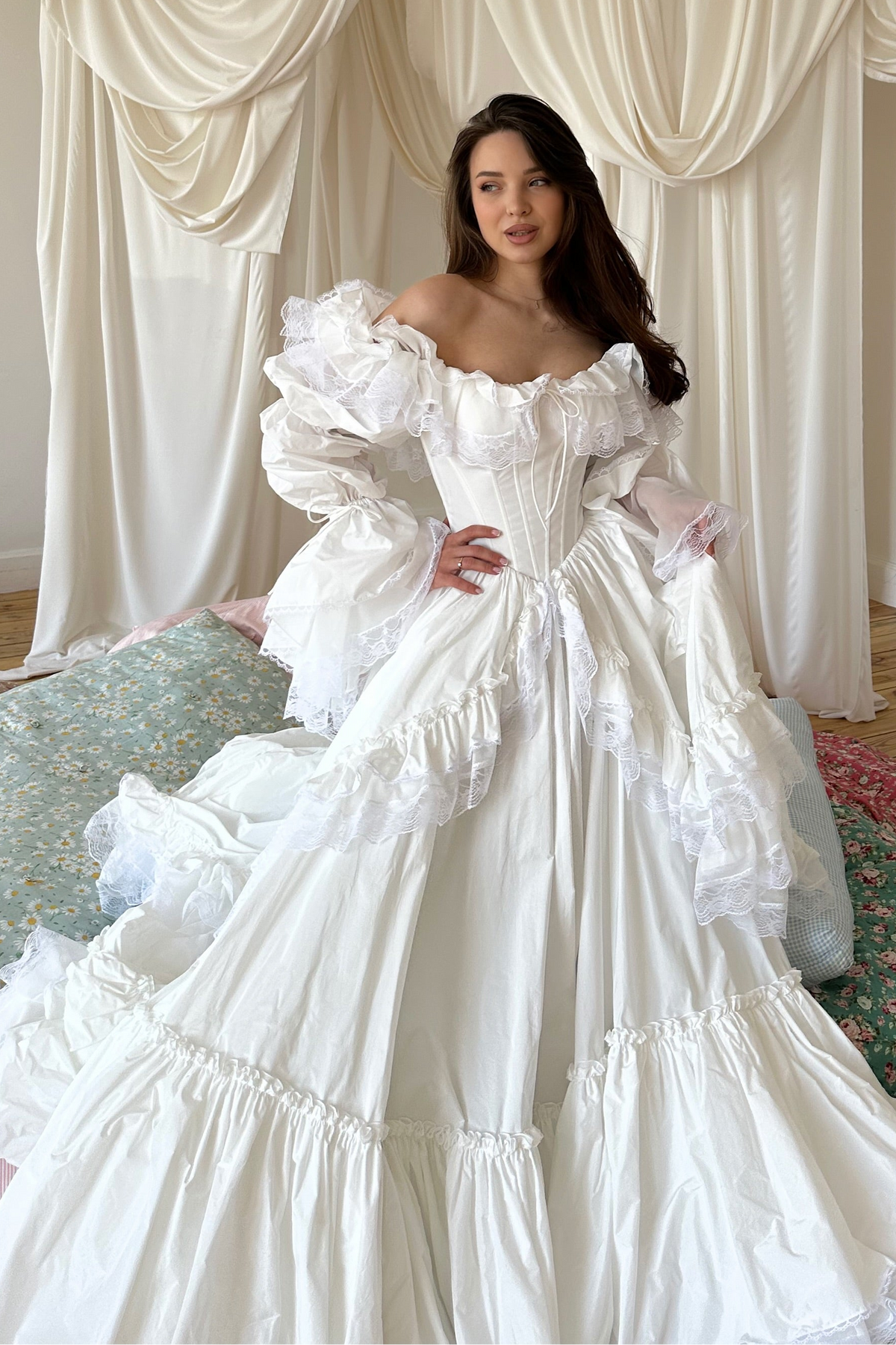 Off-Shoulder Corset Ball Gown with Ruffle Tiers