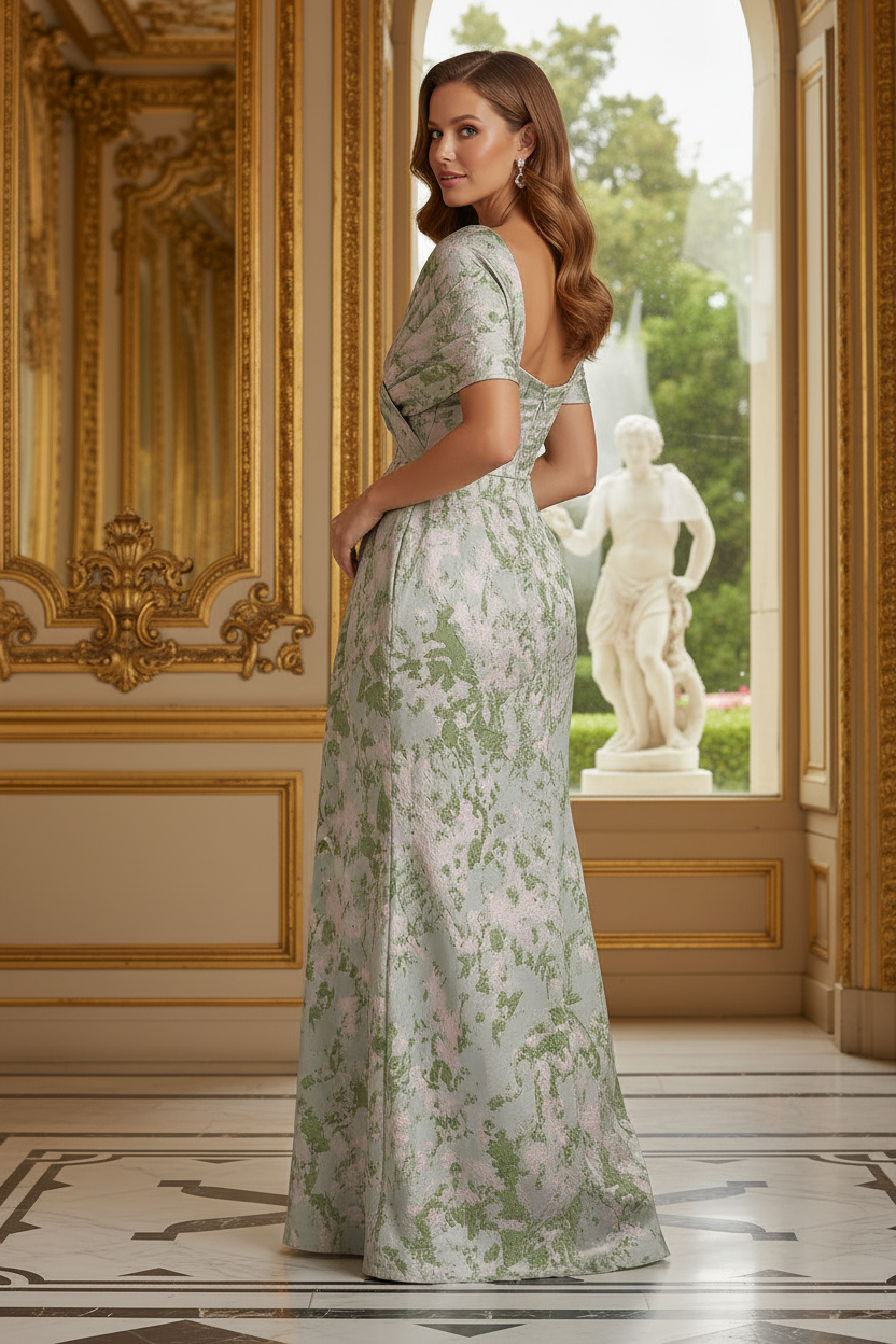 Draped Portrait Jacquard Gown with Slit