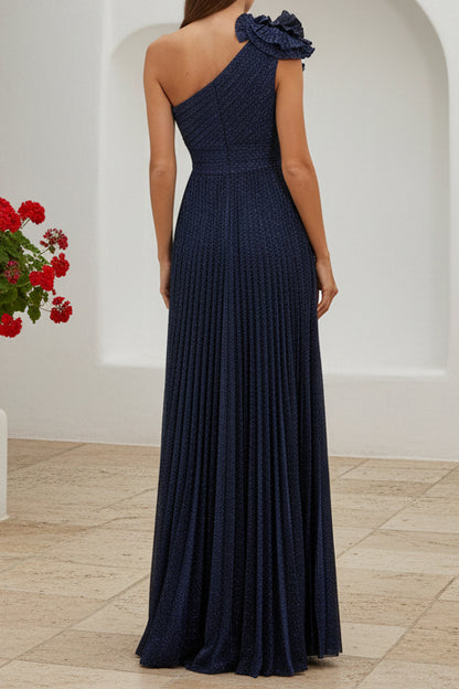 Pleated One-Shoulder Evening Gown with 3D Flower
