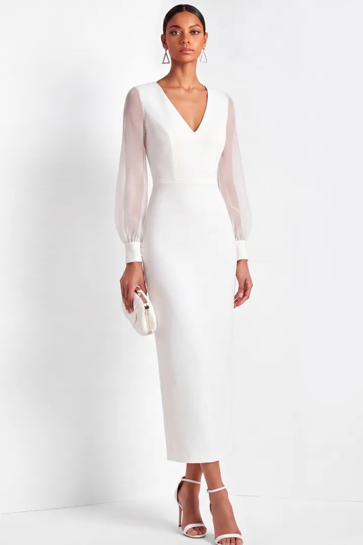 V-Neck Column Dress with Sheer Long Sleeves