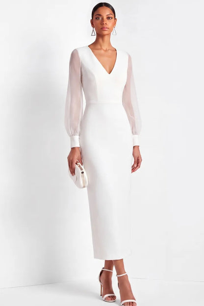 V-Neck Column Dress with Sheer Long Sleeves