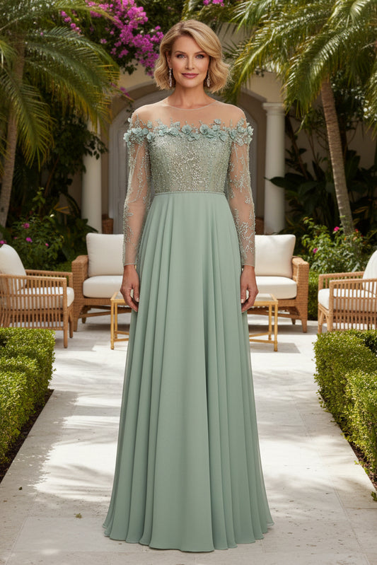 Long Sleeve Illusion Chiffon Evening Gown