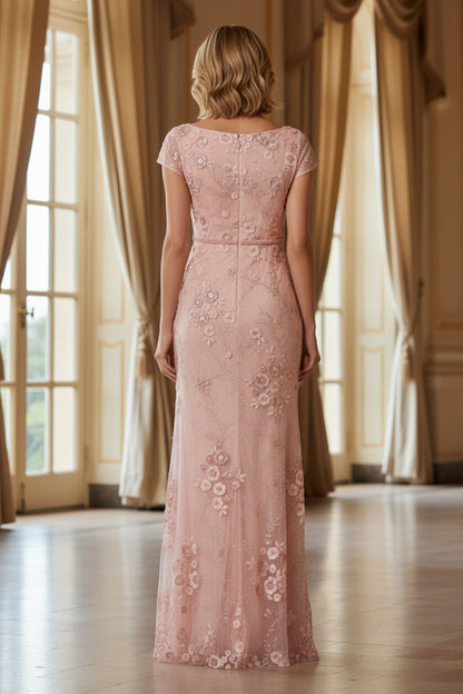 Embroidered Floral Lace Gown with Cap Sleeves