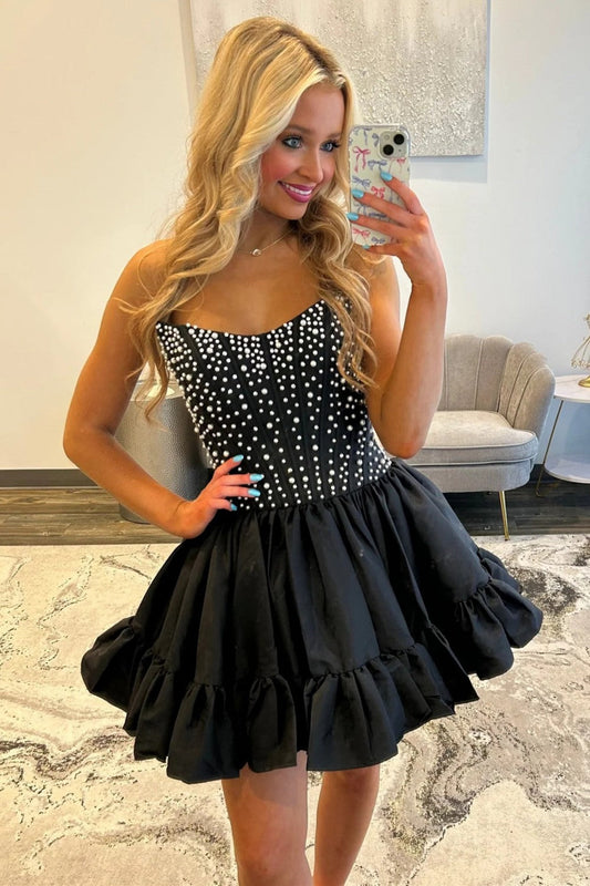 Pearl-Embellished Strapless Corset Bubble Mini Dress
