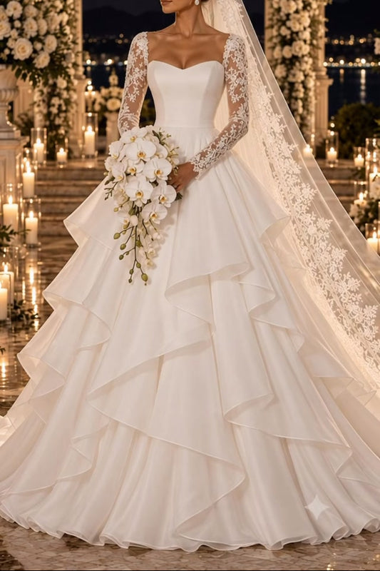 Tiered Ball Gown Wedding Dress with Lace Sleeves