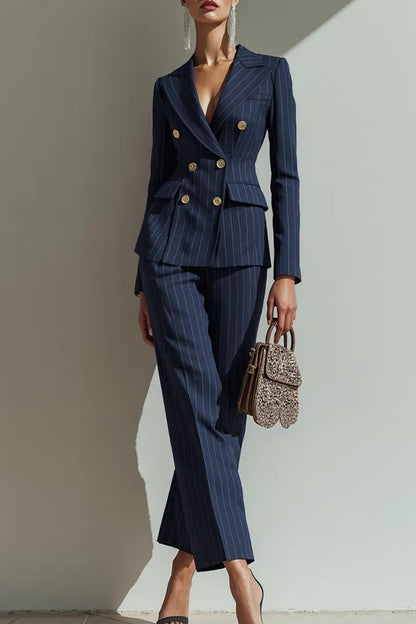 Pinstripe Double-Breasted Pantsuit with Flap Pockets