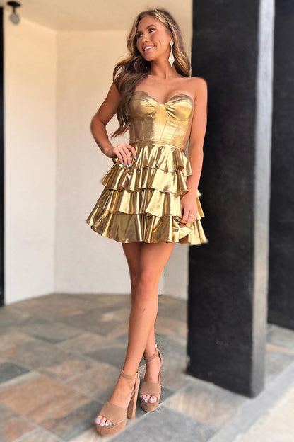 Strapless Corset Tiered Metallic Mini Dress